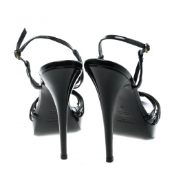 Pre Owned صندل سان لوران باريس جلد أسود لامع بسيور نعل سميك مقاس 36