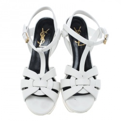 Pre Owned صندل سان لوران باريس تريبوت جلد أخضر نعل سميك مقاس 38