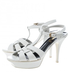 Pre Owned صندل سان لوران باريس تريبوت جلد أخضر نعل سميك مقاس 38