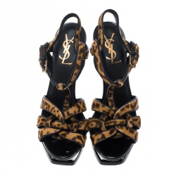 Pre Owned Saint Laurent Brown Leopard Print Pony Hair Tribute Platform Sandals Size 37.5