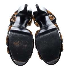 Pre Owned Saint Laurent Brown Leopard Print Pony Hair Tribute Platform Sandals Size 37.5
