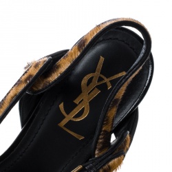 Pre Owned Saint Laurent Brown Leopard Print Pony Hair Tribute Platform Sandals Size 37.5
