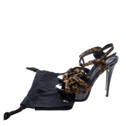 Pre Owned Saint Laurent Brown Leopard Print Pony Hair Tribute Platform Sandals Size 37.5