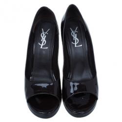 مملوكة مسبقًا حذاء سان لوران باريس دولي ويدج مقدمة مفتوحة جلد لامع بني مقاس 40.5