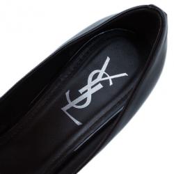 مملوكة مسبقًا حذاء سان لوران باريس دولي ويدج مقدمة مفتوحة جلد لامع بني مقاس 40.5