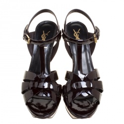 Pre Owned صندل سان لوران باريس نعل سميك تريبيوت جلد بني مقاس 39.5