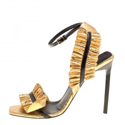 Pre Owned Saint Laurent Paris Metallic Gold Embossed Python Leather Edie Ruffle Detail Ankle Strap Sandals Size 38
