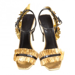 Pre Owned Saint Laurent Paris Metallic Gold Embossed Python Leather Edie Ruffle Detail Ankle Strap Sandals Size 38