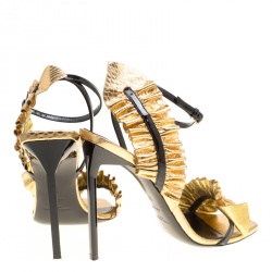 Pre Owned Saint Laurent Paris Metallic Gold Embossed Python Leather Edie Ruffle Detail Ankle Strap Sandals Size 38