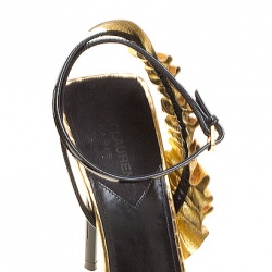 Pre Owned Saint Laurent Paris Metallic Gold Embossed Python Leather Edie Ruffle Detail Ankle Strap Sandals Size 38