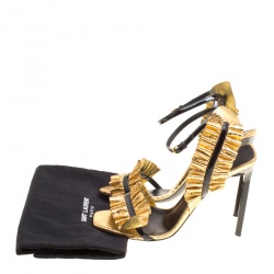 Pre Owned Saint Laurent Paris Metallic Gold Embossed Python Leather Edie Ruffle Detail Ankle Strap Sandals Size 38