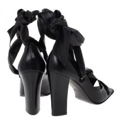 مملوكة مسبقًا Saint Laurent Paris Black Leather Tie Around Sandals Size 37