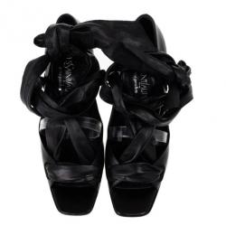 مملوكة مسبقًا Saint Laurent Paris Black Leather Tie Around Sandals Size 37