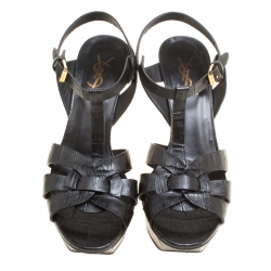 Pre Owned صندل سان لوران باريس جلد نقشة التمساح بيج نعل سميك تريبوت مقاس 38