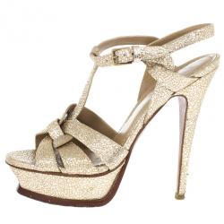 Pre Owned Saint Laurent Paris Gold Metallic Embossed Tribute Sandals Size 37
