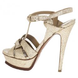 Pre Owned Saint Laurent Paris Gold Metallic Embossed Tribute Sandals Size 37