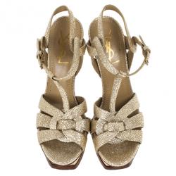 Pre Owned Saint Laurent Paris Gold Metallic Embossed Tribute Sandals Size 37