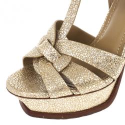 Pre Owned Saint Laurent Paris Gold Metallic Embossed Tribute Sandals Size 37