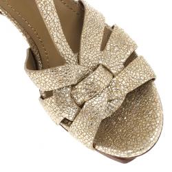 Pre Owned Saint Laurent Paris Gold Metallic Embossed Tribute Sandals Size 37