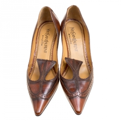 Pre Owned Saint Laurent Paris Brown Brogue Leather Wingtip Detail Pointed Toe Pumps Size 37