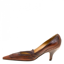 Pre Owned Saint Laurent Paris Brown Brogue Leather Wingtip Detail Pointed Toe Pumps Size 37