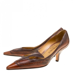 Pre Owned Saint Laurent Paris Brown Brogue Leather Wingtip Detail Pointed Toe Pumps Size 37