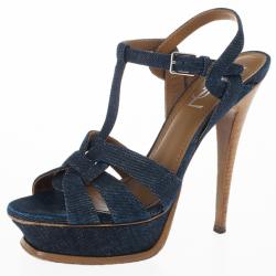 مملوكة مسبقًا Saint Laurent Paris Blue Denim Platform Tribute Sandals Size 37