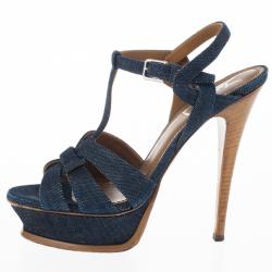 مملوكة مسبقًا Saint Laurent Paris Blue Denim Platform Tribute Sandals Size 37
