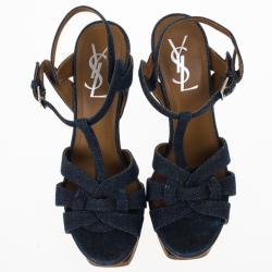 مملوكة مسبقًا Saint Laurent Paris Blue Denim Platform Tribute Sandals Size 37