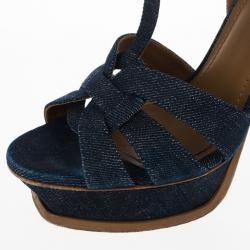 مملوكة مسبقًا Saint Laurent Paris Blue Denim Platform Tribute Sandals Size 37