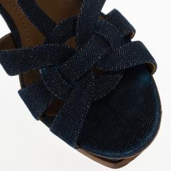 مملوكة مسبقًا Saint Laurent Paris Blue Denim Platform Tribute Sandals Size 37