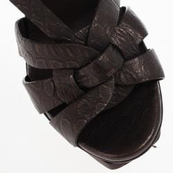 Pre Owned Saint Laurent Paris Brown Embossed Leather Platform Tribute Sandals 36.5
