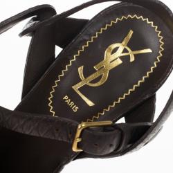 Pre Owned Saint Laurent Paris Brown Embossed Leather Platform Tribute Sandals 36.5