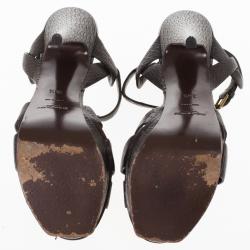 Pre Owned Saint Laurent Paris Brown Embossed Leather Platform Tribute Sandals 36.5