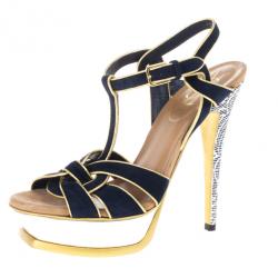 Pre Owned Saint Laurent Paris Suede and Metallic Platform Tribute Sandals Size 37