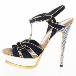 Pre Owned Saint Laurent Paris Suede and Metallic Platform Tribute Sandals Size 37
