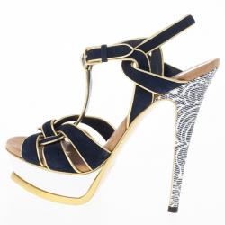 Pre Owned Saint Laurent Paris Suede and Metallic Platform Tribute Sandals Size 37