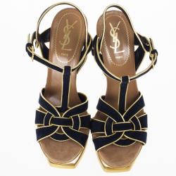 Pre Owned Saint Laurent Paris Suede and Metallic Platform Tribute Sandals Size 37