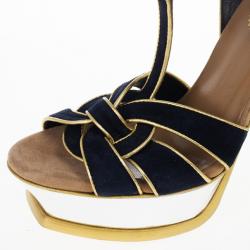 Pre Owned Saint Laurent Paris Suede and Metallic Platform Tribute Sandals Size 37