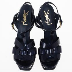 Pre Owned Saint Laurent Paris Navy Patent Platform Tribute Sandals Size 37
