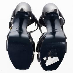 Pre Owned Saint Laurent Paris Navy Patent Platform Tribute Sandals Size 37
