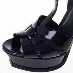 Pre Owned Saint Laurent Paris Navy Patent Platform Tribute Sandals Size 37