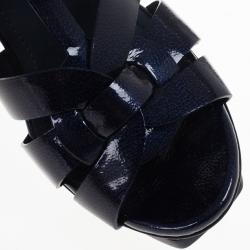 Pre Owned Saint Laurent Paris Navy Patent Platform Tribute Sandals Size 37