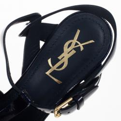 Pre Owned Saint Laurent Paris Navy Patent Platform Tribute Sandals Size 37