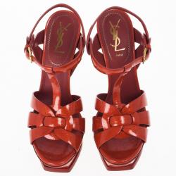 Pre Owned Saint Laurent Paris Red Patent Platform Tribute Sandals Size 36.5