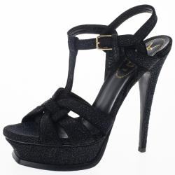 مملوكة مسبقًا Saint Laurent Paris Black Glitter Platform Tribute Sandals Size 37