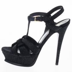 مملوكة مسبقًا Saint Laurent Paris Black Glitter Platform Tribute Sandals Size 37