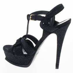 مملوكة مسبقًا Saint Laurent Paris Black Glitter Platform Tribute Sandals Size 37