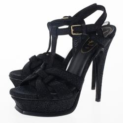 مملوكة مسبقًا Saint Laurent Paris Black Glitter Platform Tribute Sandals Size 37