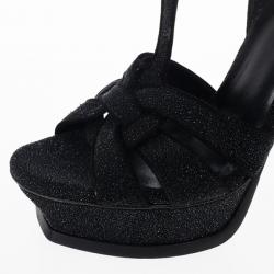 مملوكة مسبقًا Saint Laurent Paris Black Glitter Platform Tribute Sandals Size 37